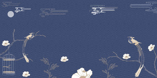 蓝色花朵花卉鸟日式肌理边框展板背景